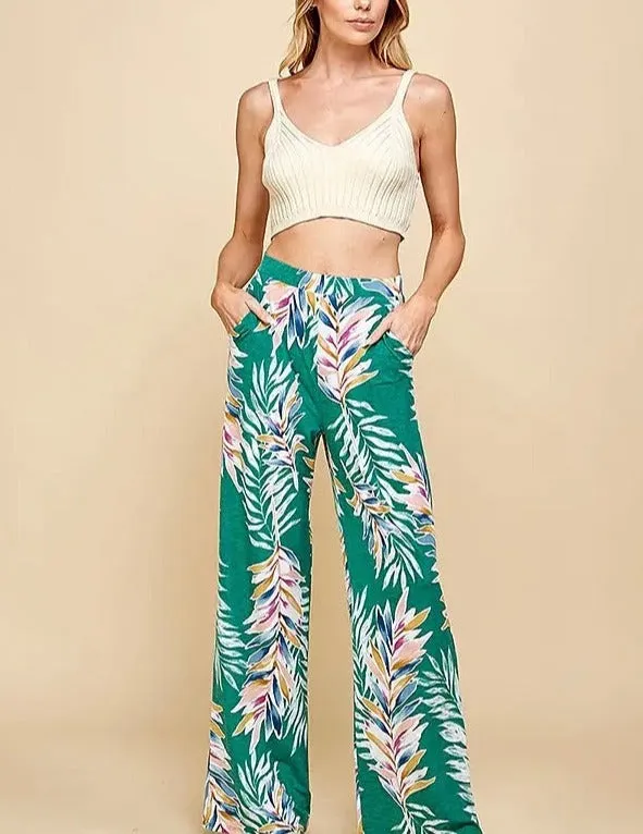 Jade Tropical Leaf Print High Waisted Palazzo Pant
