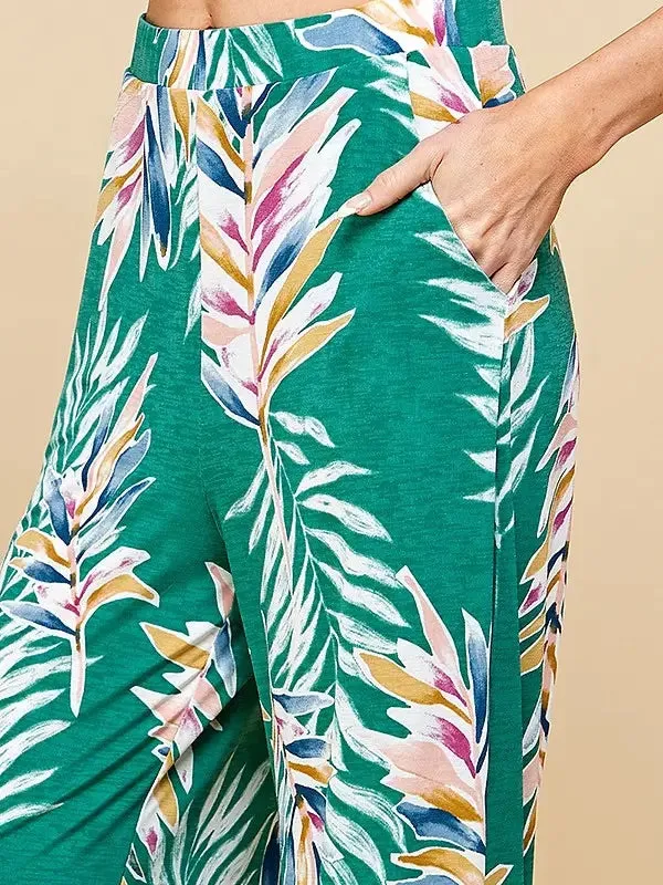 Jade Tropical Leaf Print High Waisted Palazzo Pant