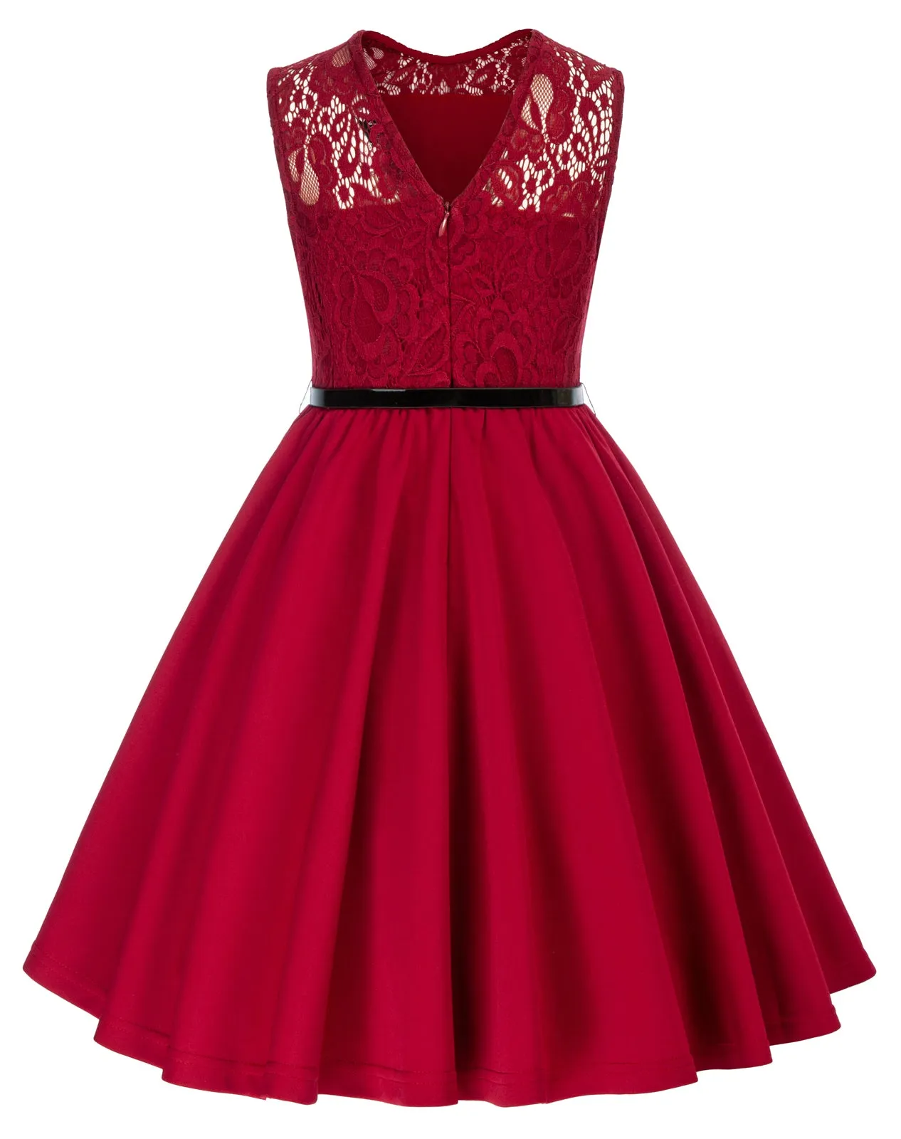 Kids Vintage Lace Patchwork Dress with Belt Sleeveless Crew Neck A-Line Dress