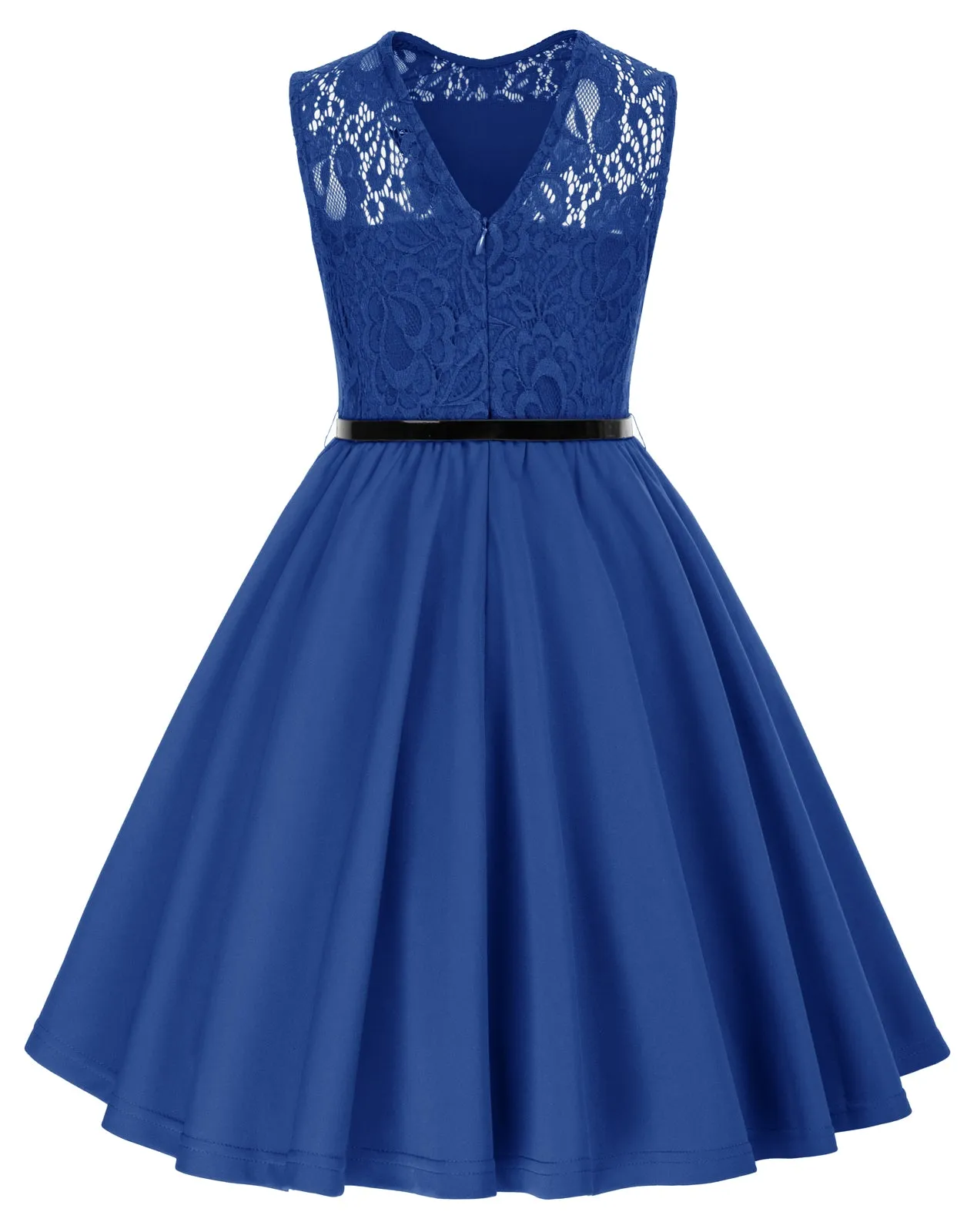 Kids Vintage Lace Patchwork Dress with Belt Sleeveless Crew Neck A-Line Dress