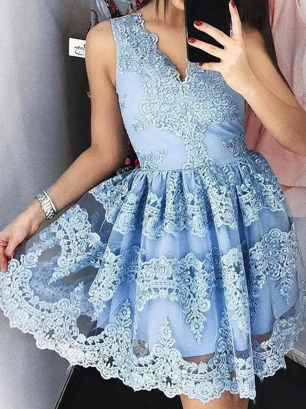Lace V-neck Sleeveless A-line Short/Mini Party Dresses Sky Blue