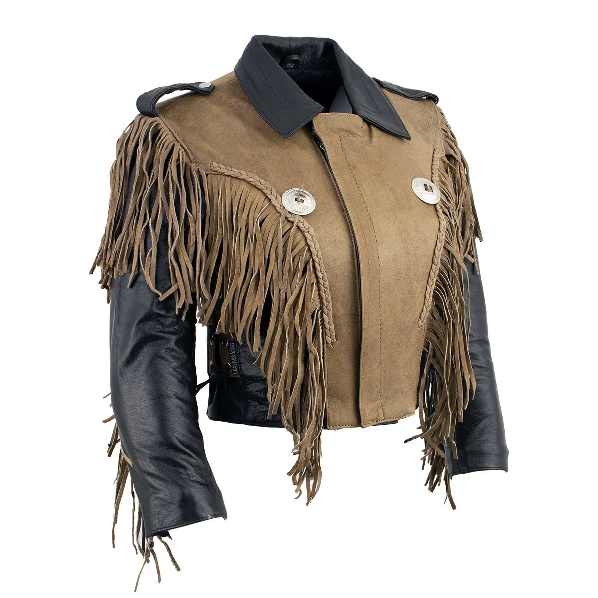 Leather King SH2015 Ladies Fringed Cropped Two Tone Jacket with Braiding Detail