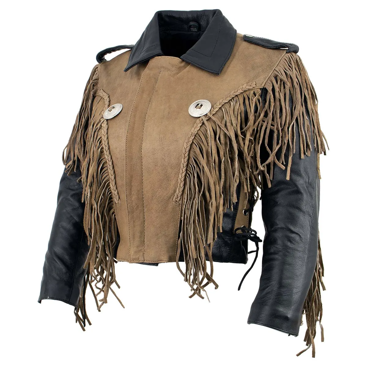 Leather King SH2015 Ladies Fringed Cropped Two Tone Jacket with Braiding Detail