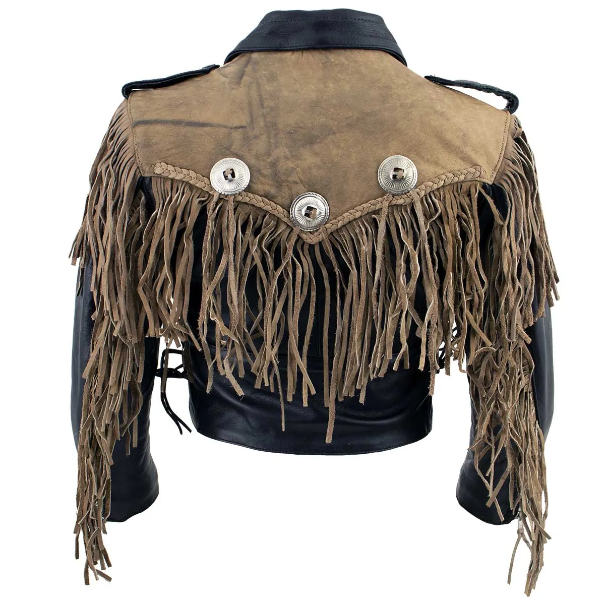 Leather King SH2015 Ladies Fringed Cropped Two Tone Jacket with Braiding Detail