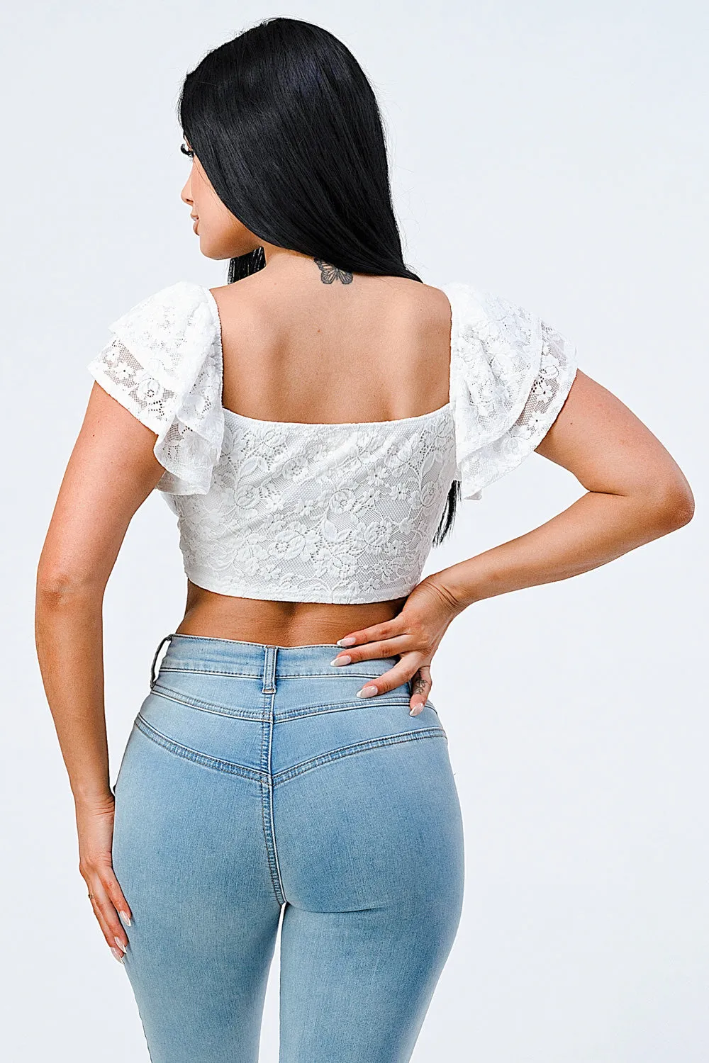 LUX LACE KNOT DOUBLE RUFFLED CROP TOP