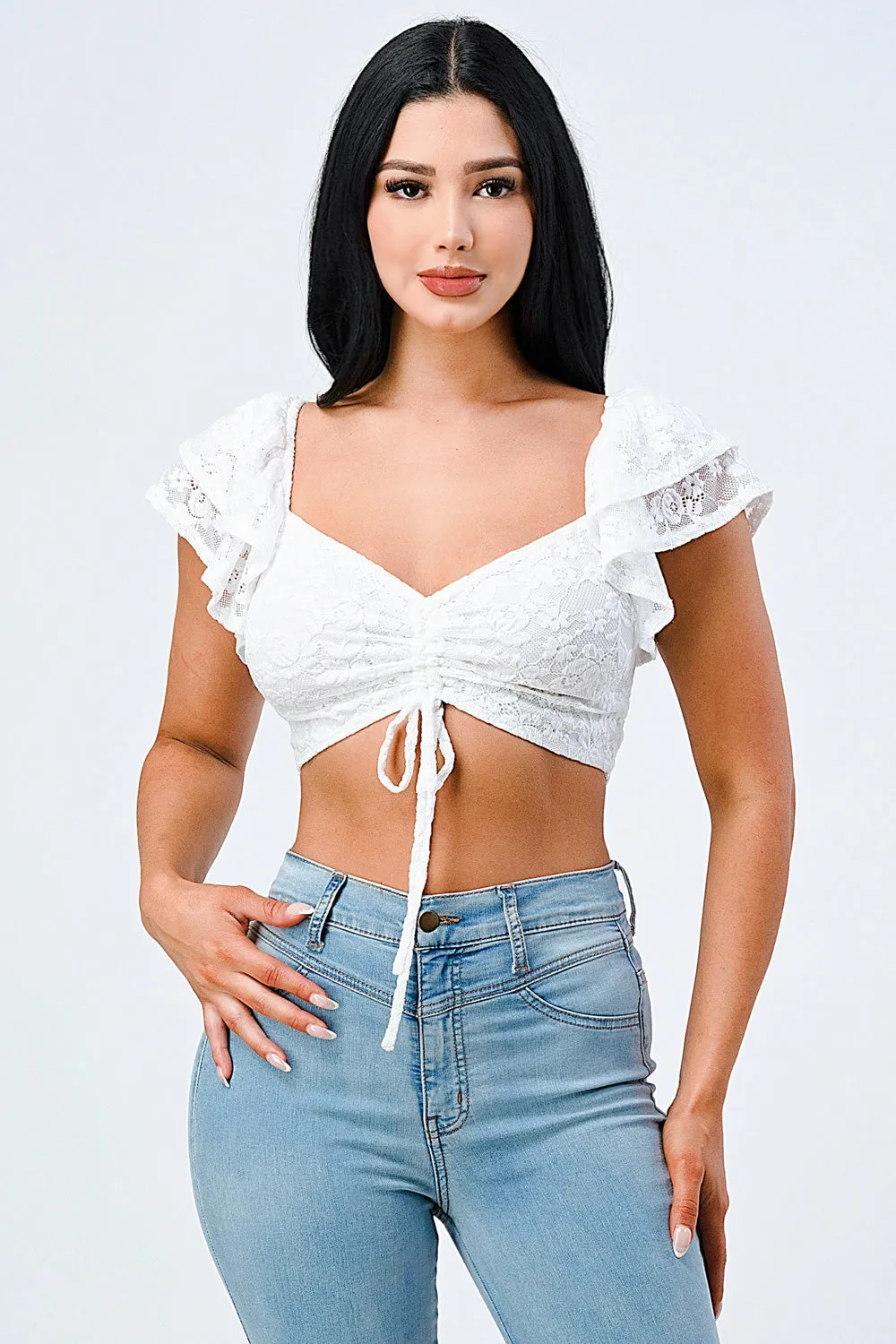 LUX LACE KNOT DOUBLE RUFFLED CROP TOP