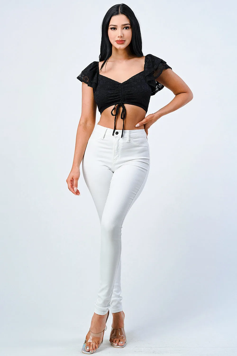 LUX LACE KNOT DOUBLE RUFFLED CROP TOP