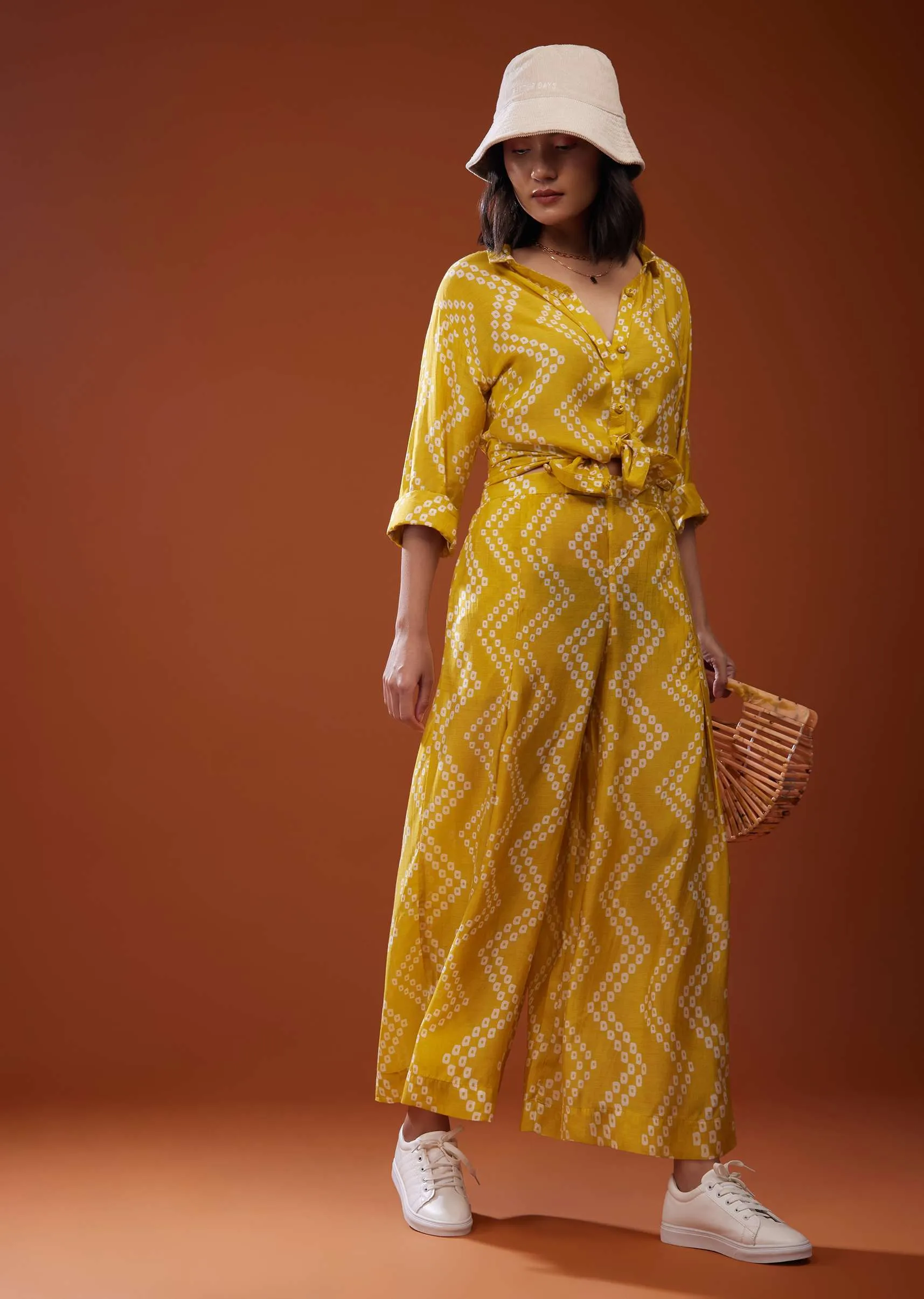 Mustard Yellow Printed Co-ord Set In Muslin