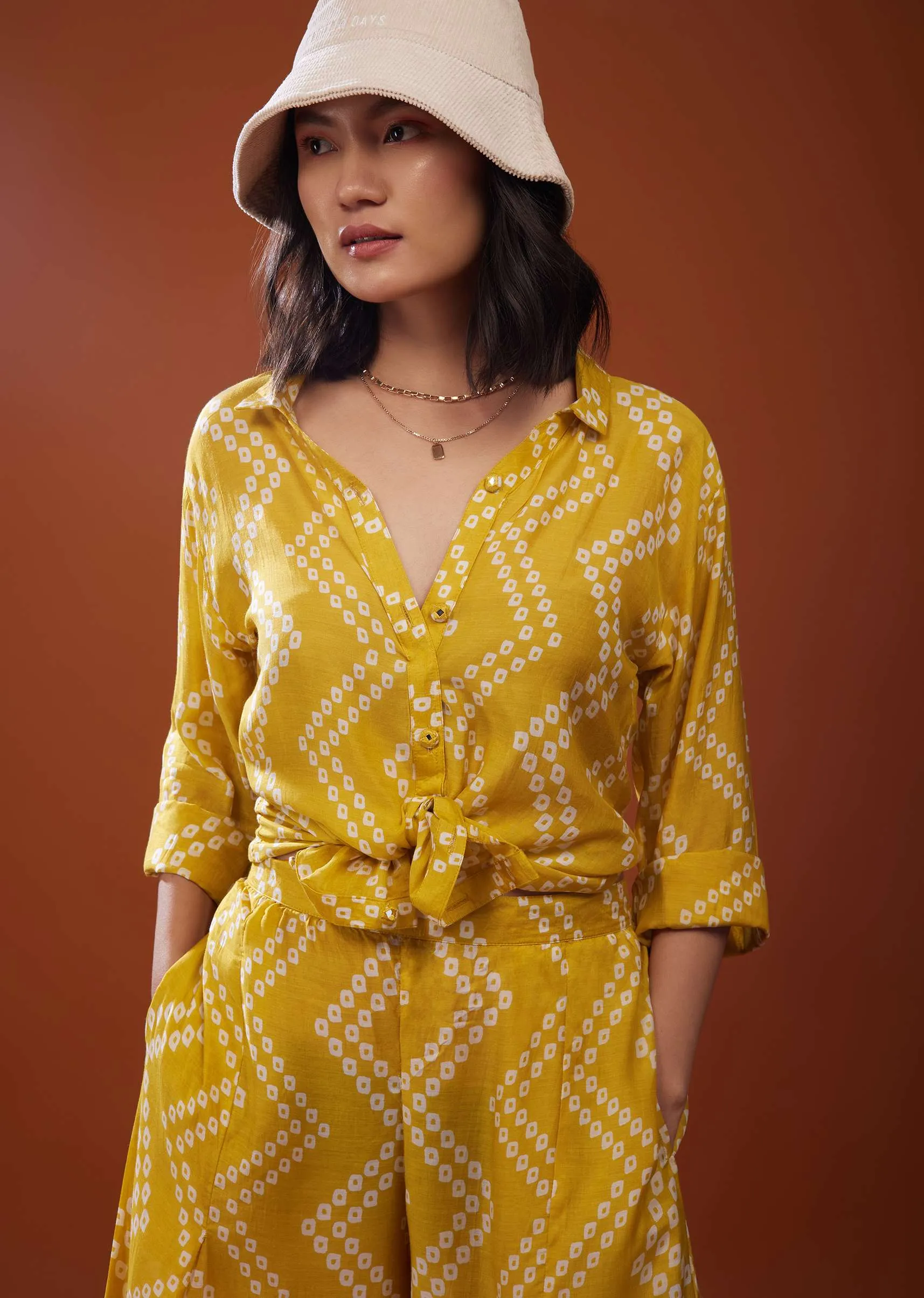 Mustard Yellow Printed Co-ord Set In Muslin