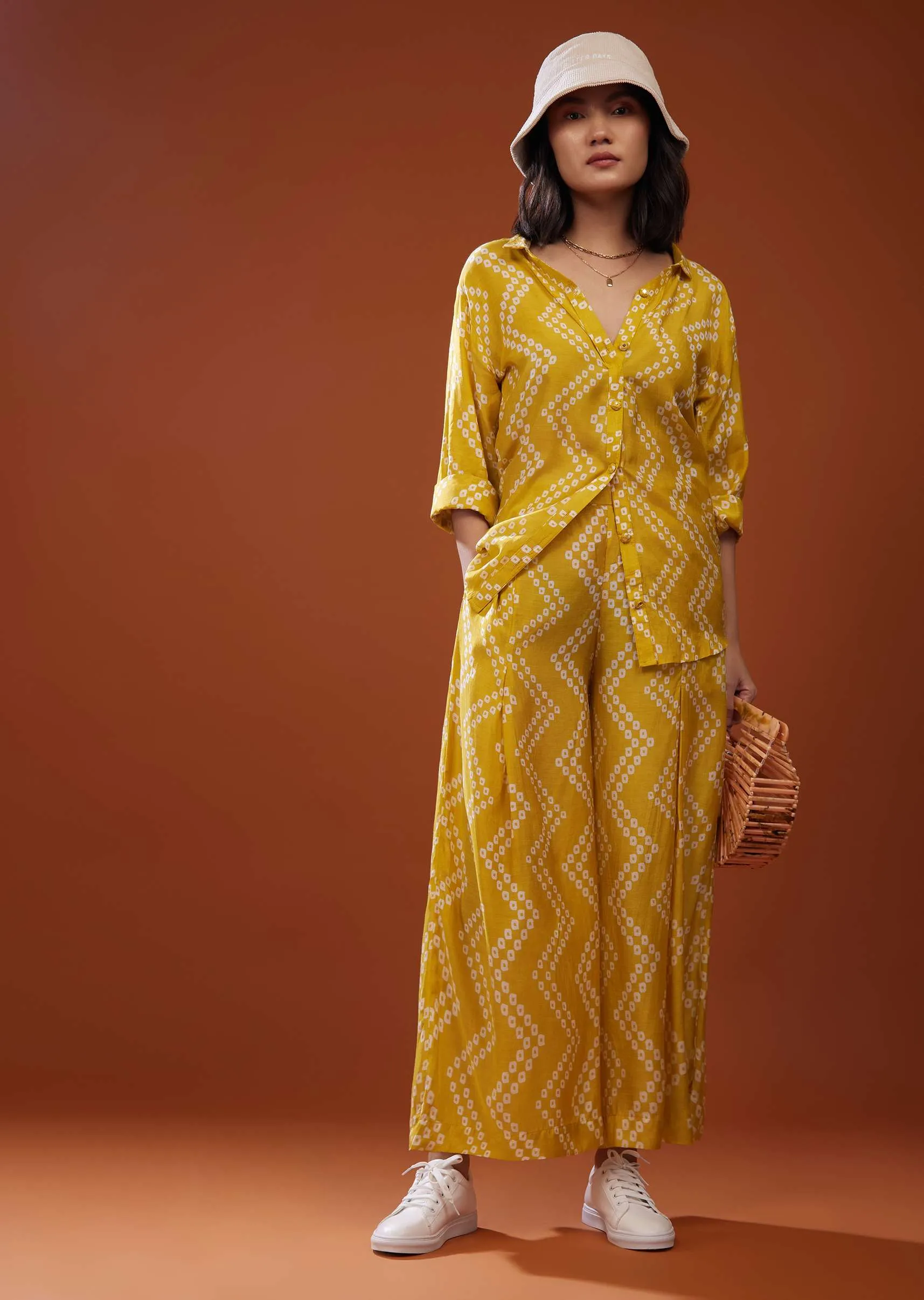 Mustard Yellow Printed Co-ord Set In Muslin