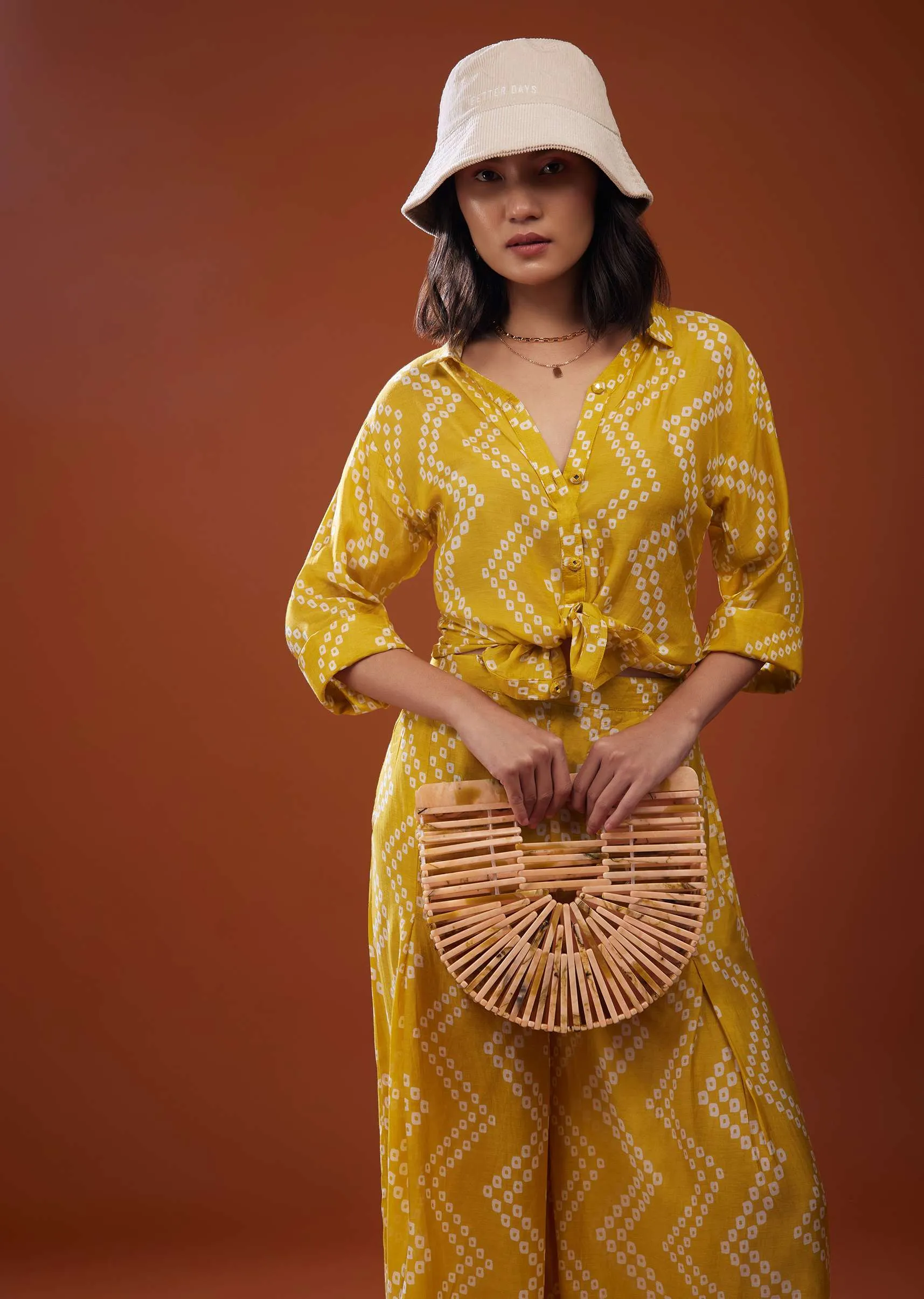 Mustard Yellow Printed Co-ord Set In Muslin