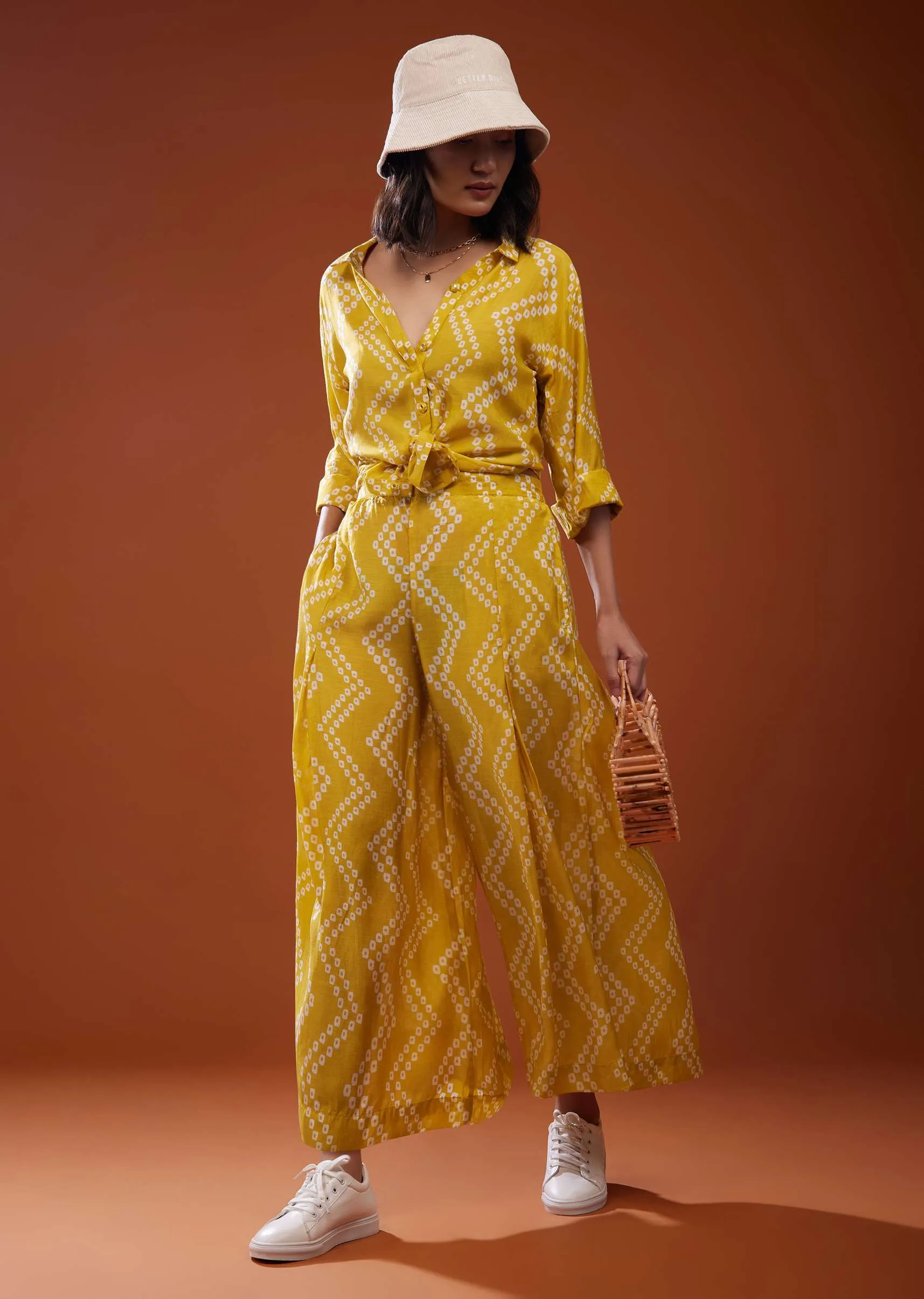 Mustard Yellow Printed Co-ord Set In Muslin