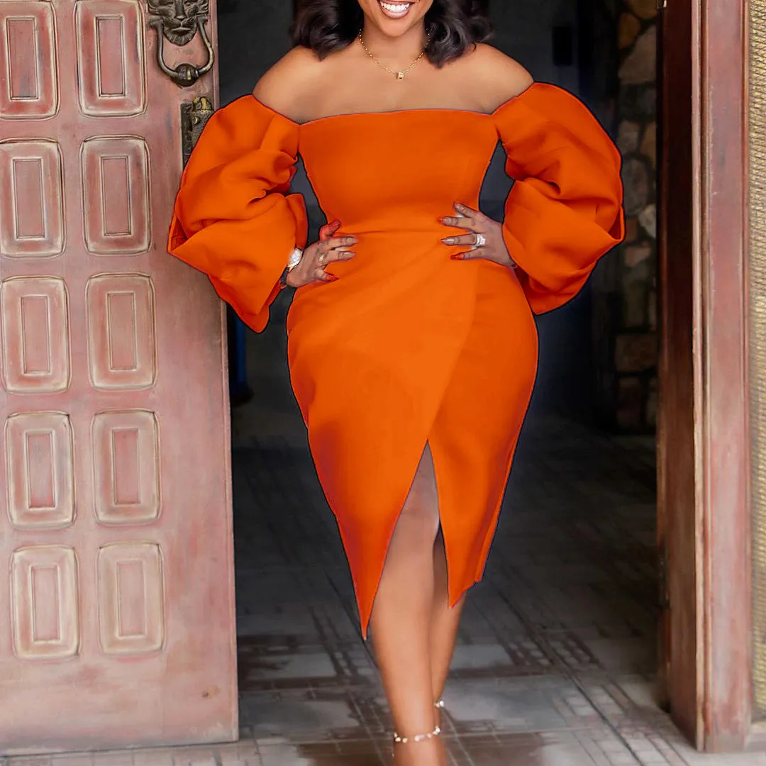 Off-Shoulder Solid Color High-Waisted Puff-Sleeved Slit Dress Wholesale Womens Clothing N3823101700026