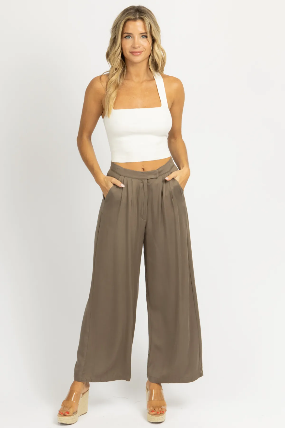 OLIVE PLEATED HIGH WAISTED TROUSER
