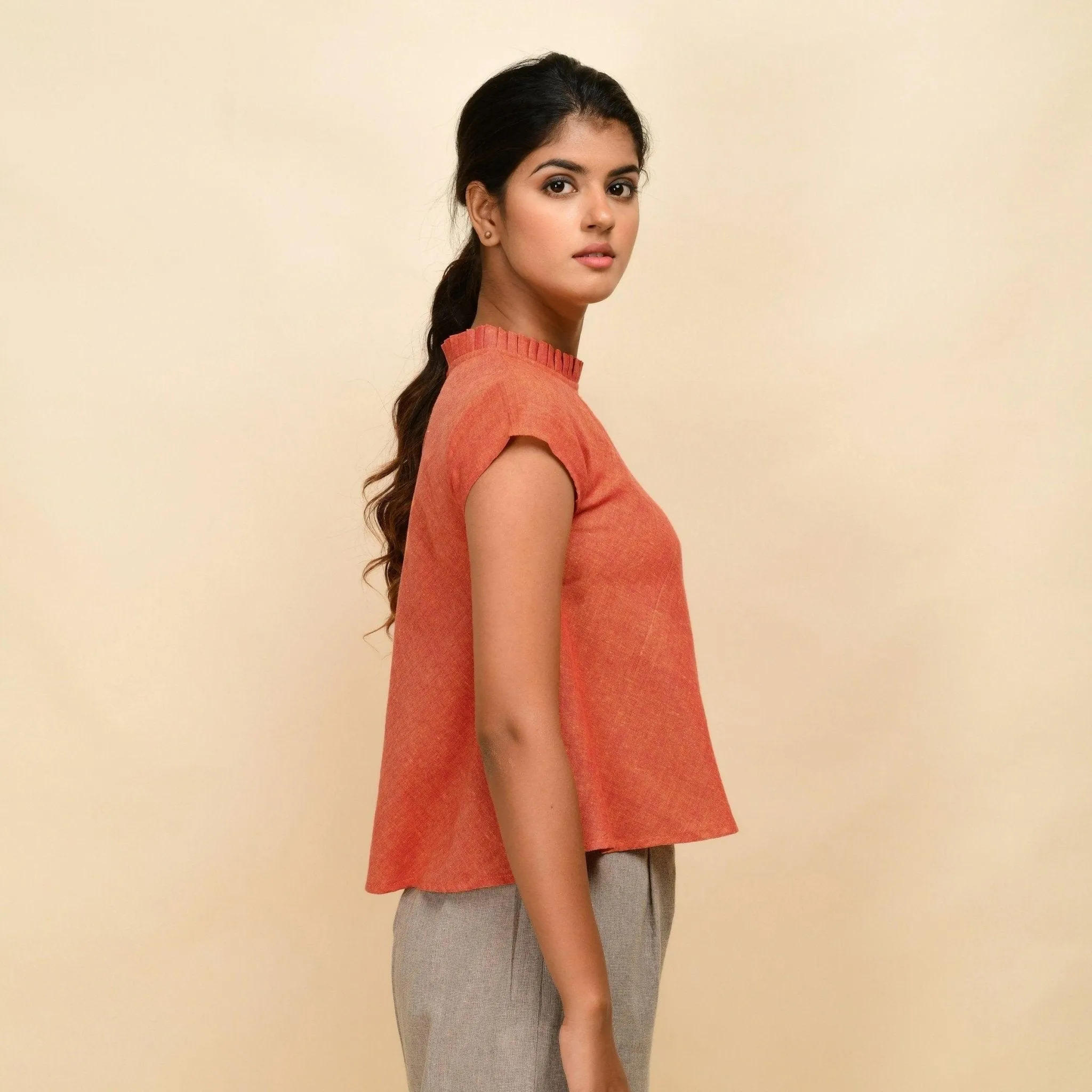 Orange Handspun 100% Cotton Ruffled Collar Flared Top