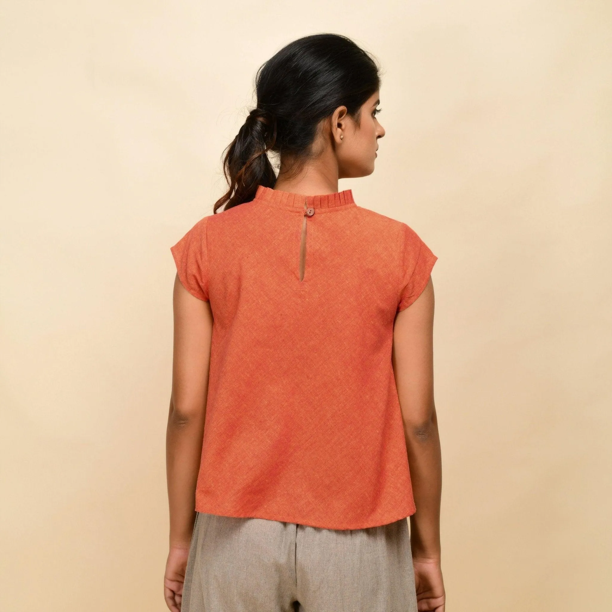 Orange Handspun 100% Cotton Ruffled Collar Flared Top