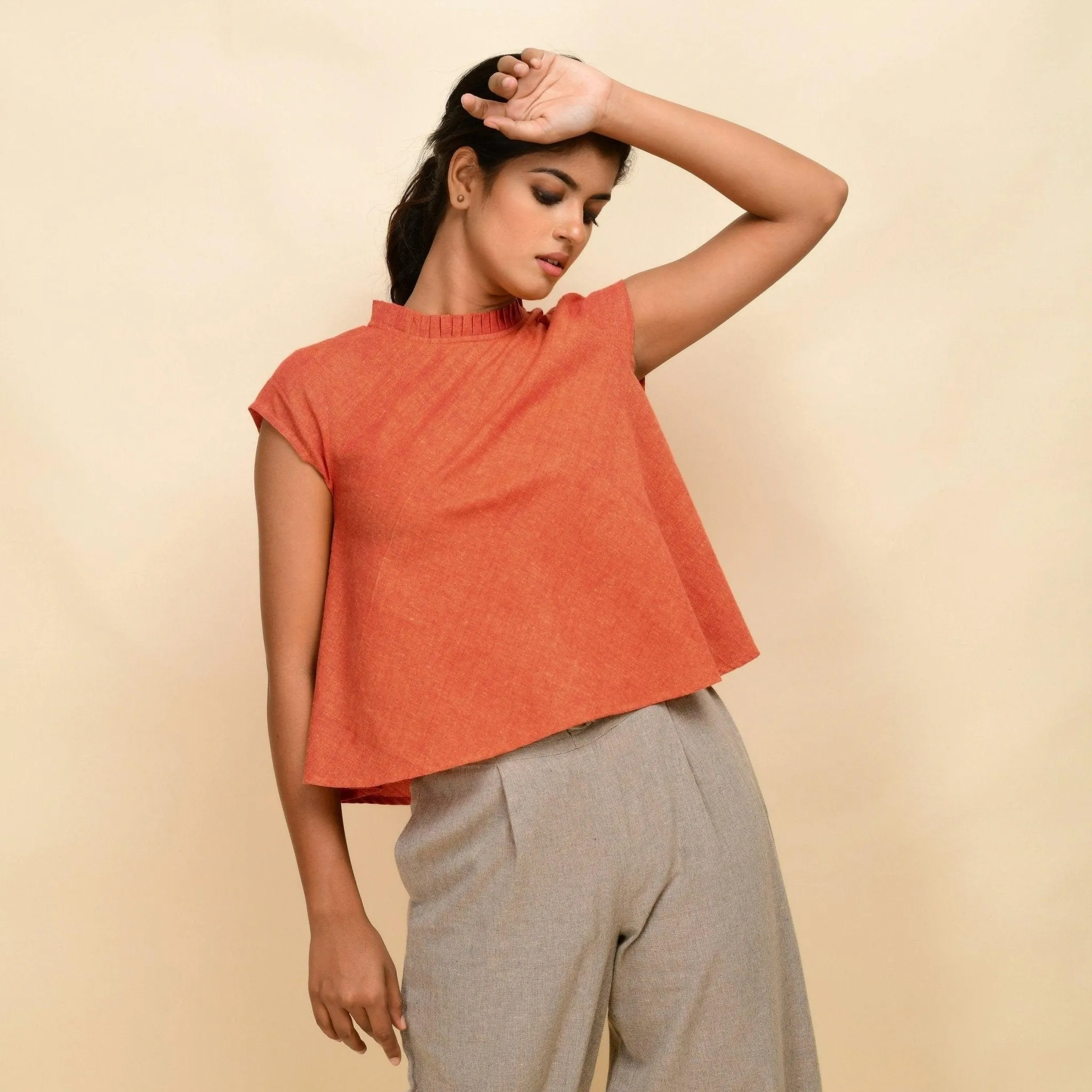 Orange Handspun 100% Cotton Ruffled Collar Flared Top