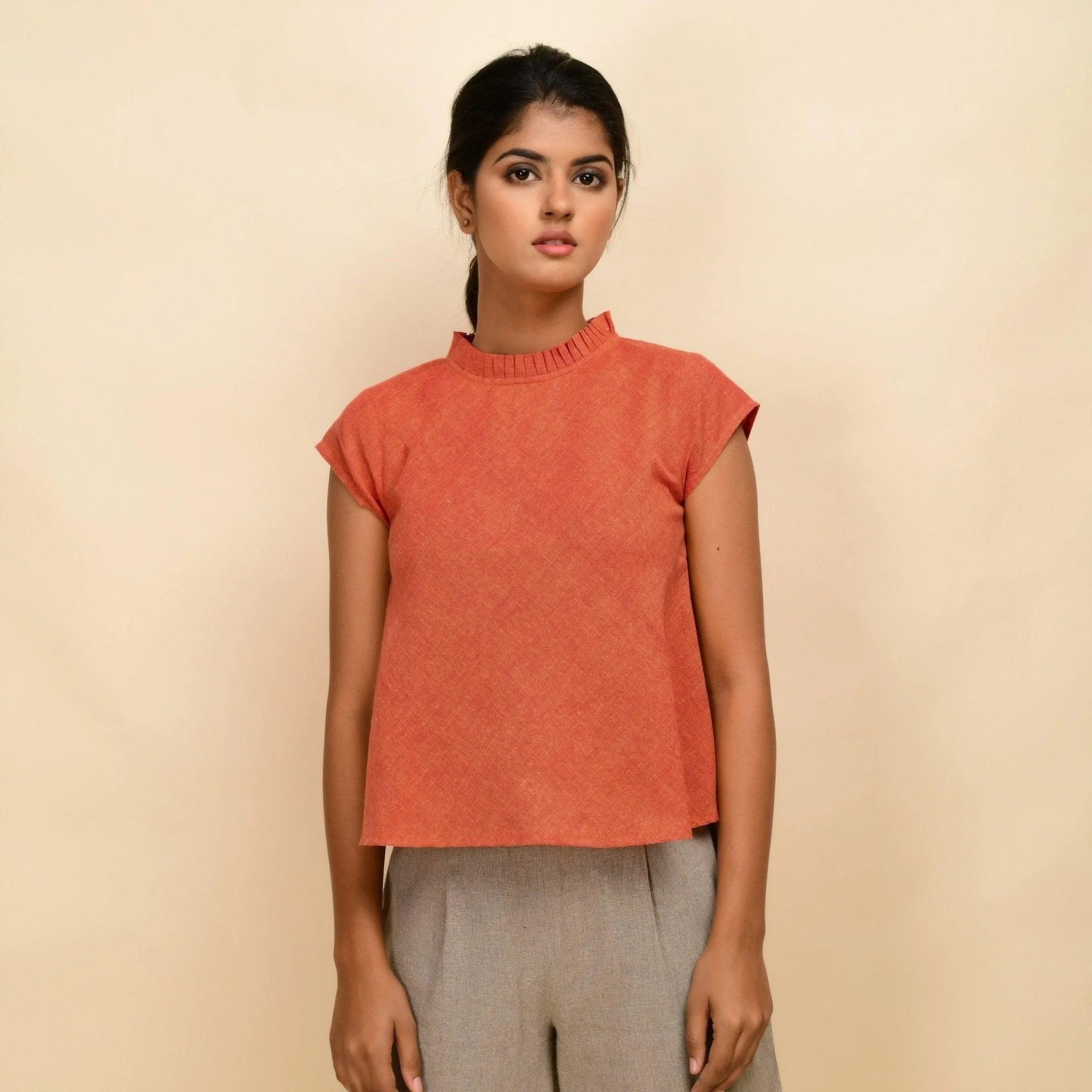 Orange Handspun 100% Cotton Ruffled Collar Flared Top