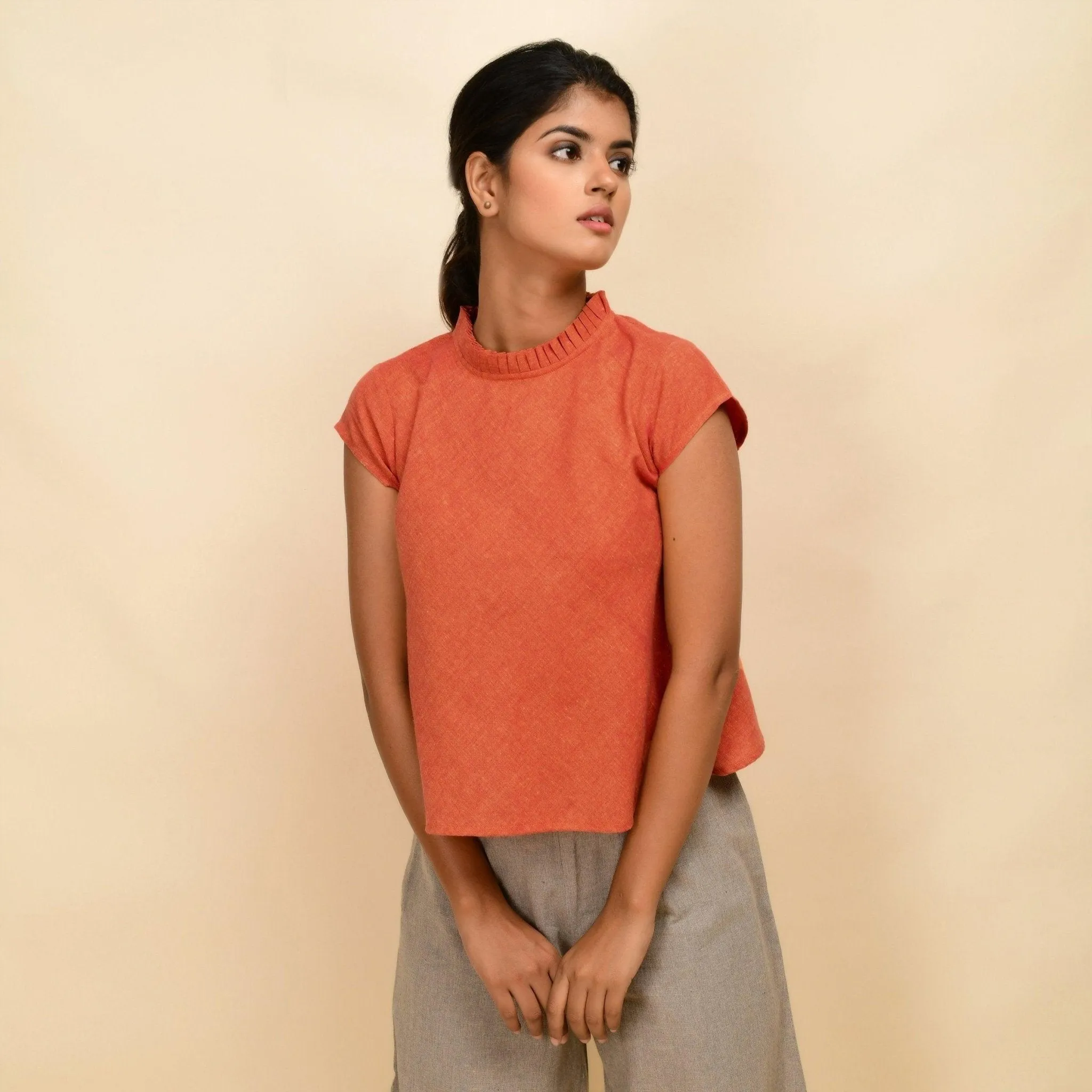 Orange Handspun 100% Cotton Ruffled Collar Flared Top