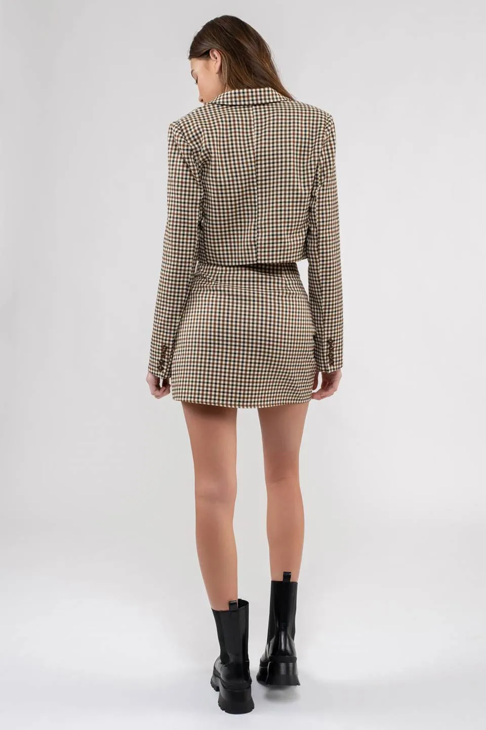 PLAID BUTTON FRONT CROPPED BLAZER