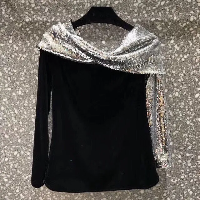 Sequined Patchwork Off Shoulder Velvet Top