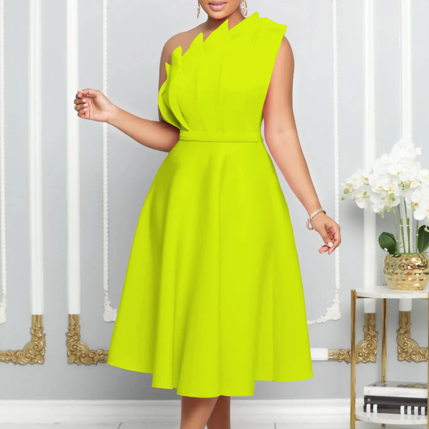 Sexy Slant Neck Ruched High Waist Party Dress Wholesale Womens Clothing N3823112300122