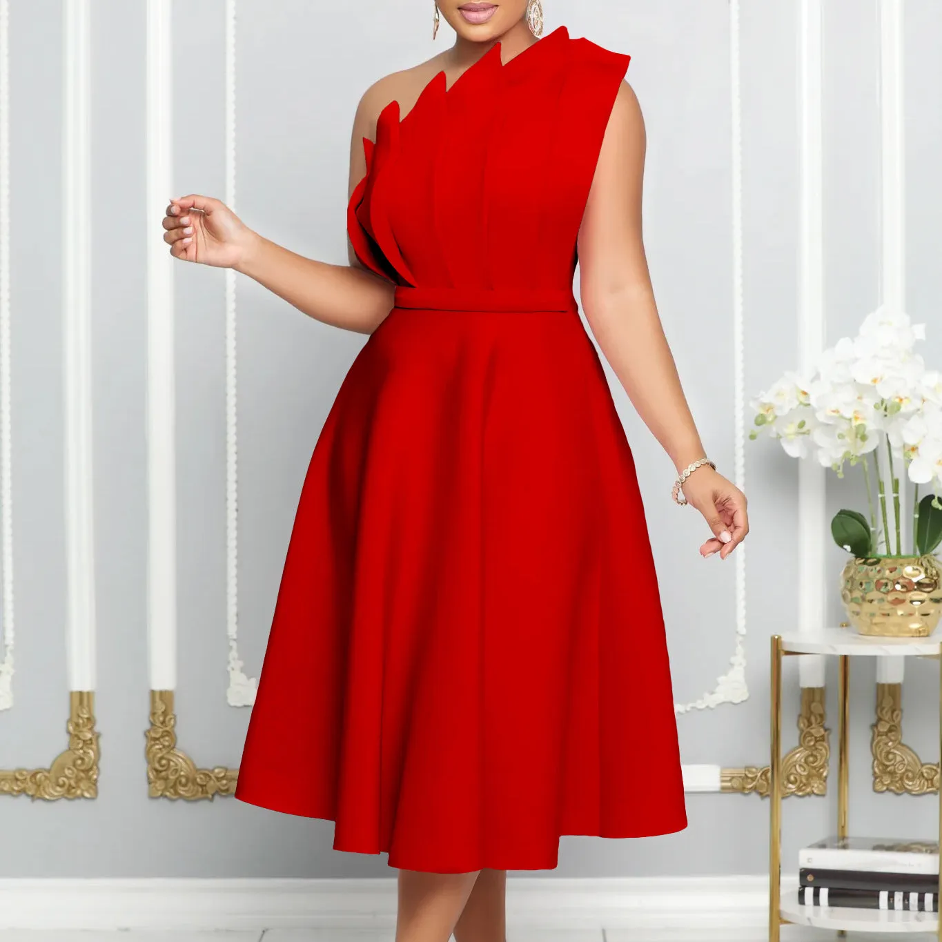 Sexy Slant Neck Ruched High Waist Party Dress Wholesale Womens Clothing N3823112300122