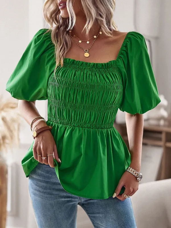 Solid Off-Shoulder Blouse - Smocked Peplum Top