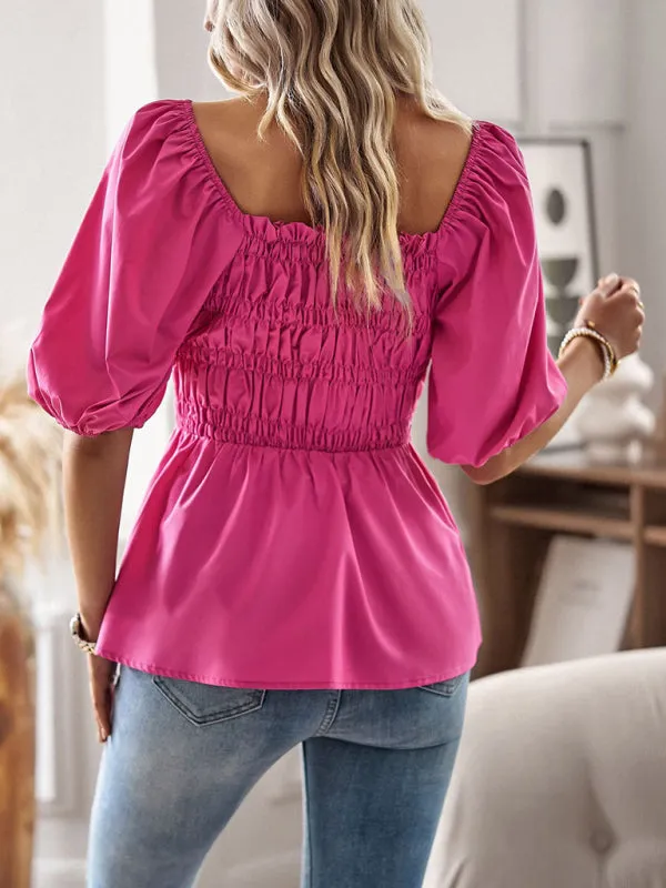 Solid Off-Shoulder Blouse - Smocked Peplum Top