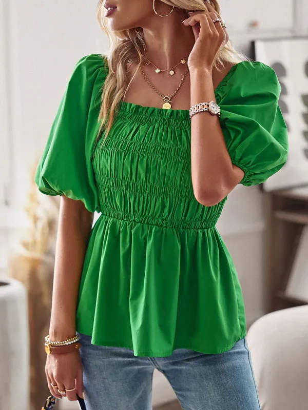 Solid Off-Shoulder Blouse - Smocked Peplum Top