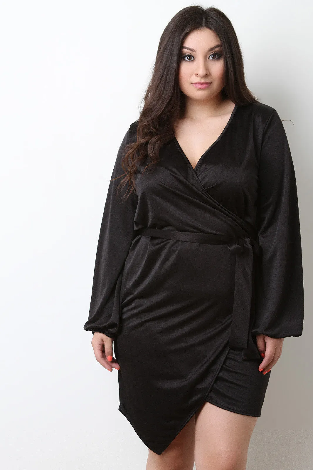 Surplice V-Neck Wrap Satin Knit Dress
