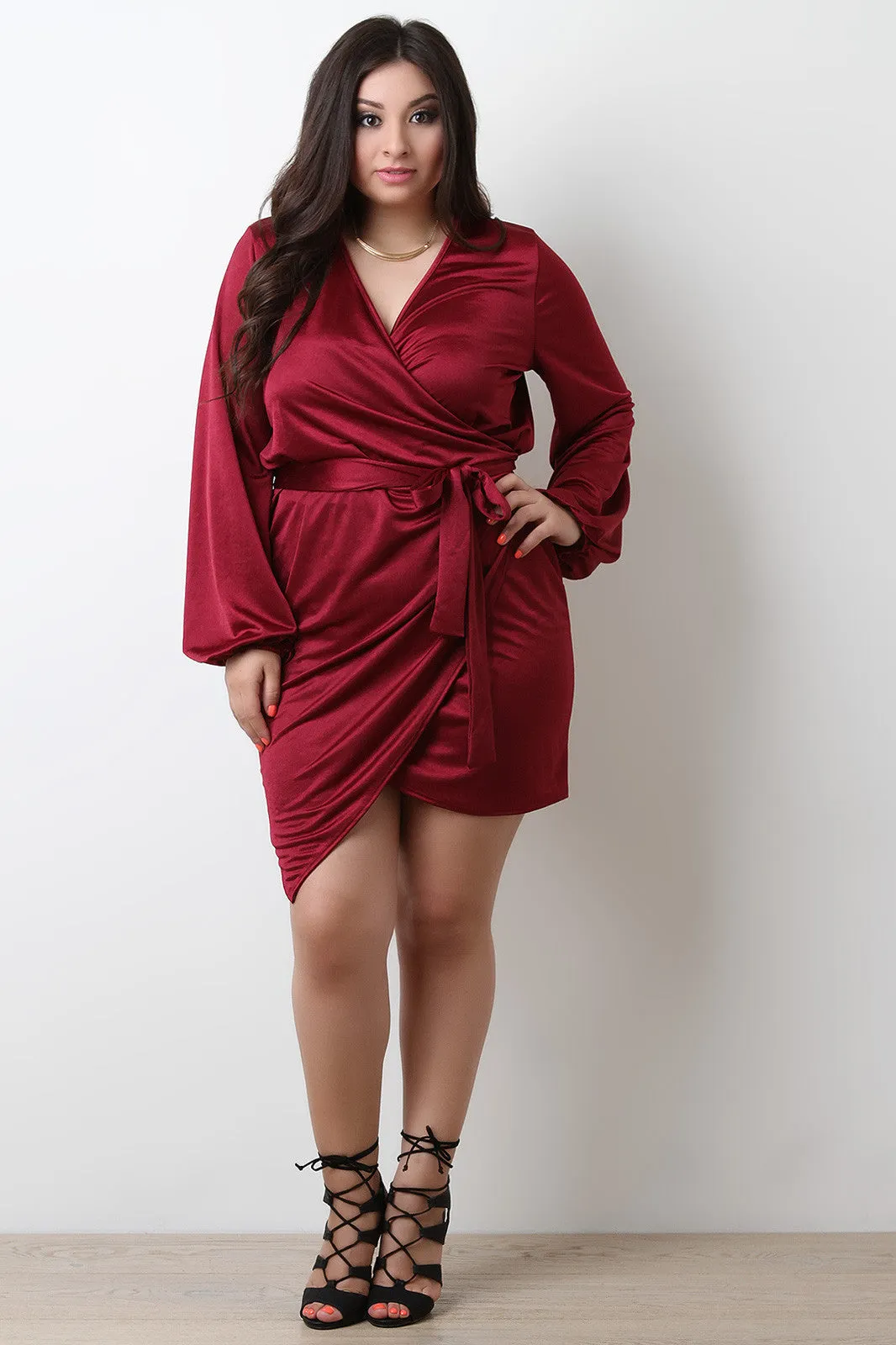 Surplice V-Neck Wrap Satin Knit Dress