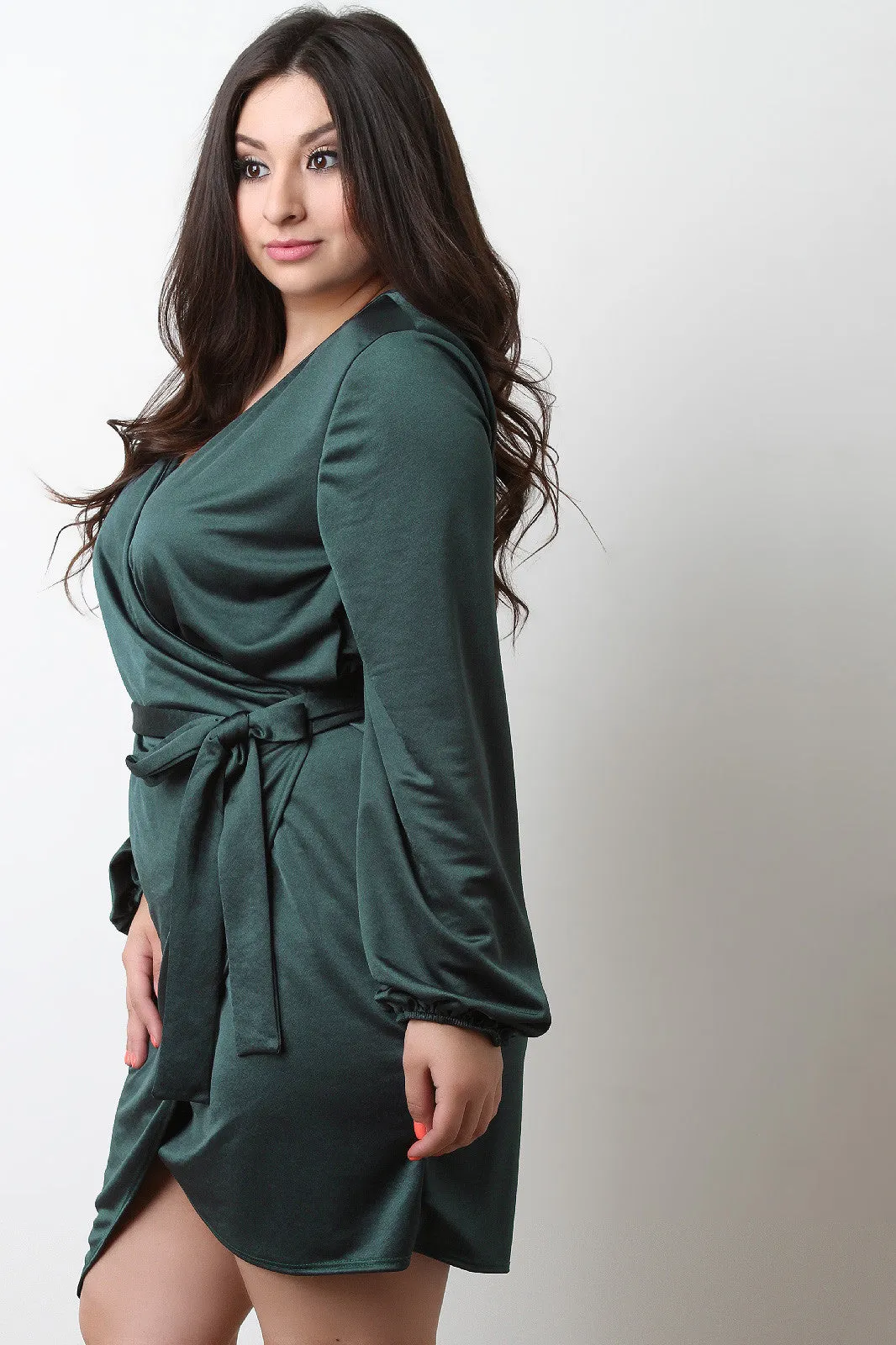 Surplice V-Neck Wrap Satin Knit Dress