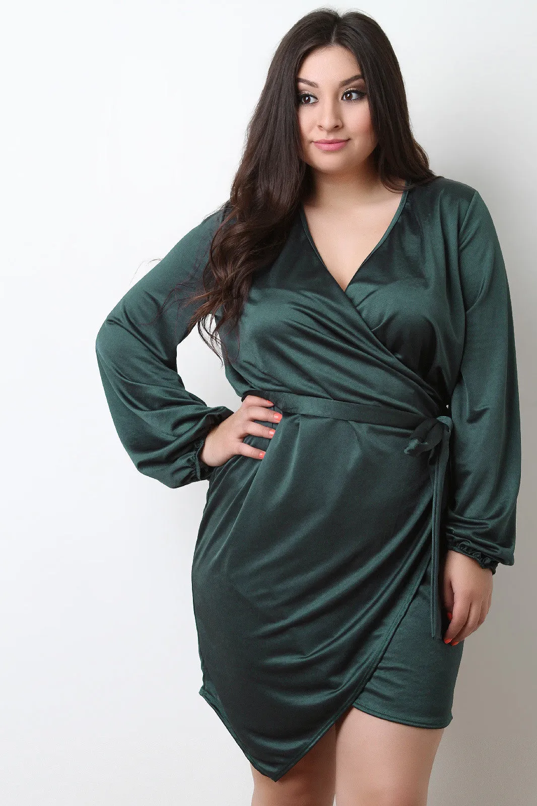 Surplice V-Neck Wrap Satin Knit Dress
