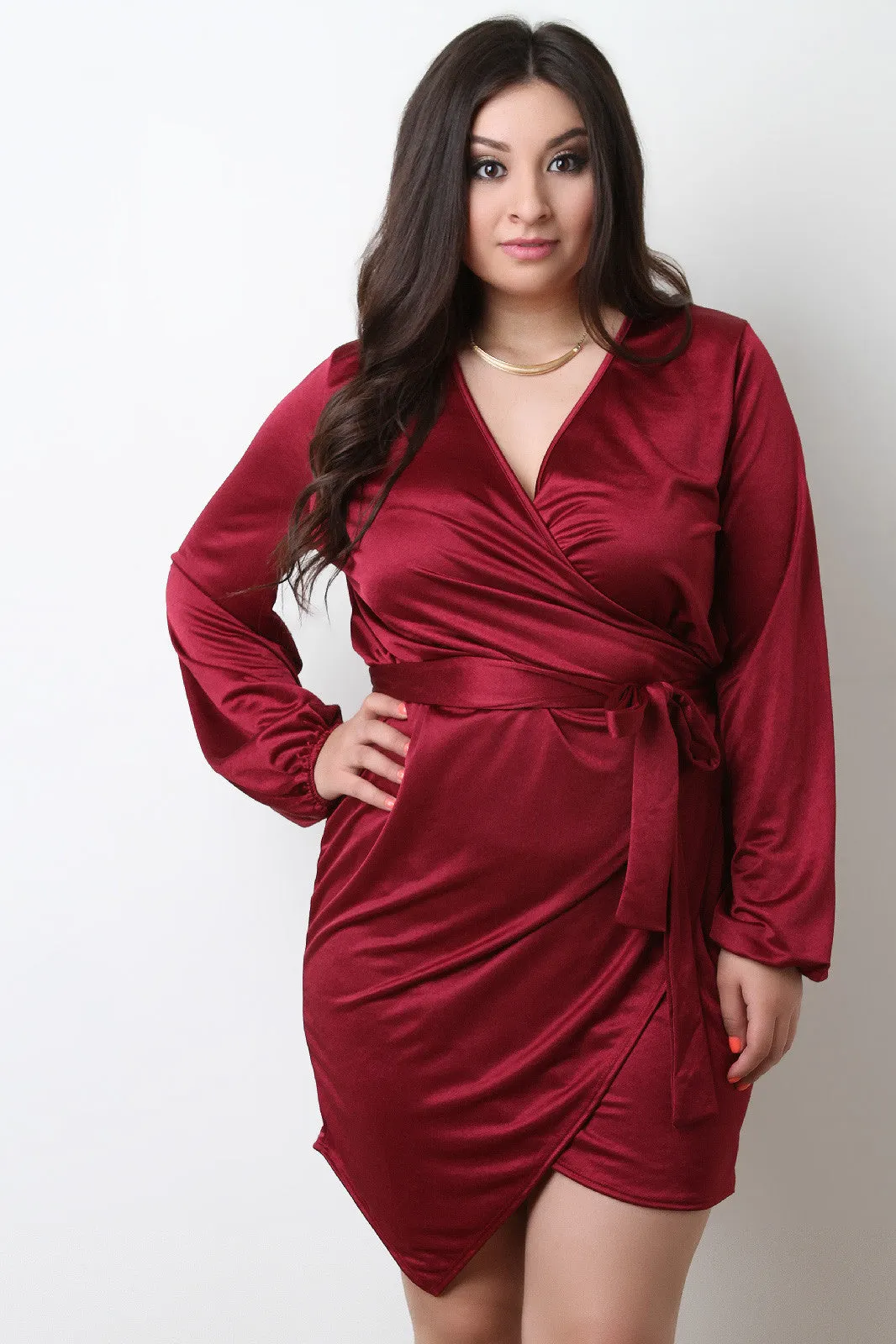 Surplice V-Neck Wrap Satin Knit Dress