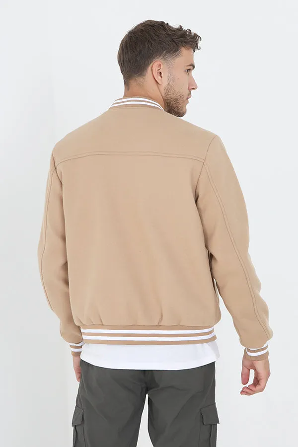 TAN/WHITE FAUX WOOL STRIPE DETAIL BOMBER JACKET