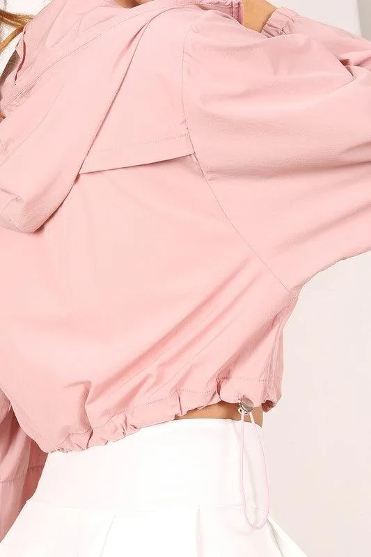Womens Pink Cropped Hooded Windbreaker