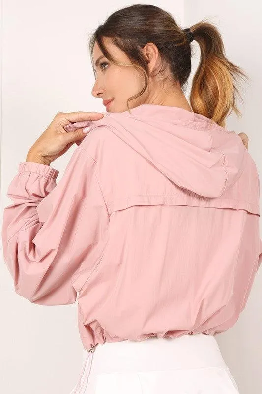 Womens Pink Cropped Hooded Windbreaker