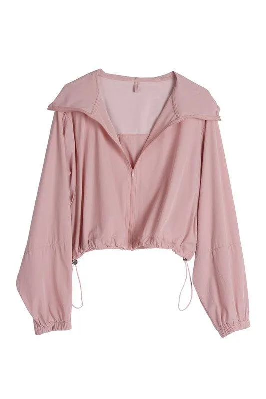 Womens Pink Cropped Hooded Windbreaker
