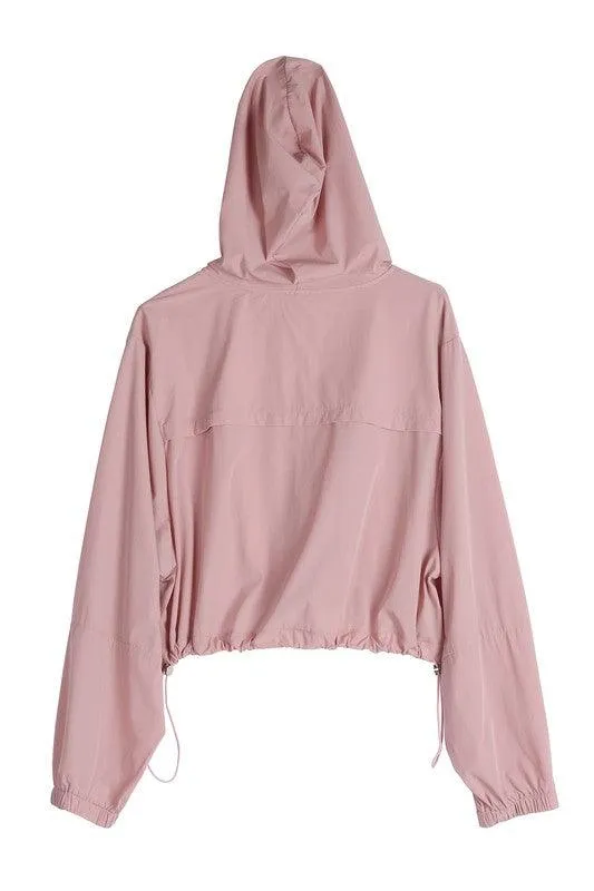 Womens Pink Cropped Hooded Windbreaker