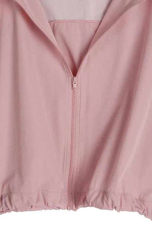 Womens Pink Cropped Hooded Windbreaker