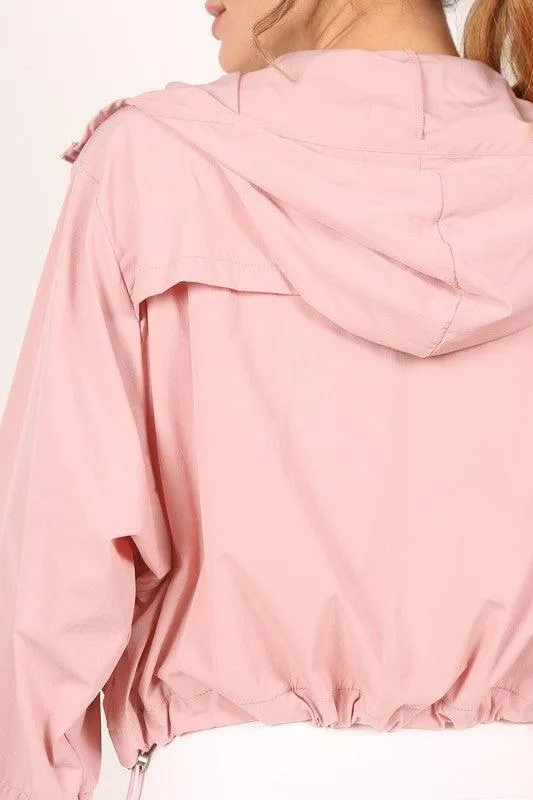 Womens Pink Cropped Hooded Windbreaker