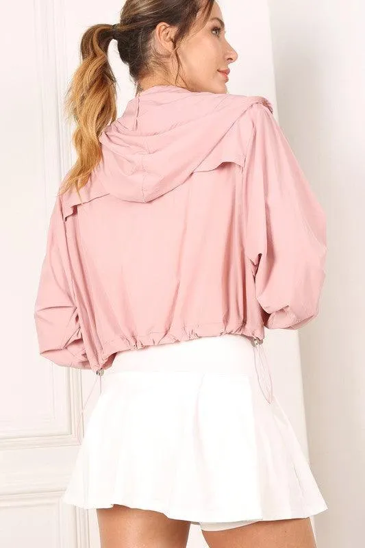 Womens Pink Cropped Hooded Windbreaker